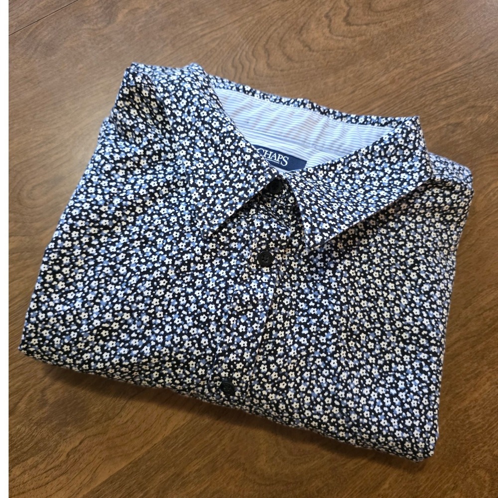 Chaps Womens 1X Navy Blue Floral Ditsy No Iron Long Sleeve Button Down Blouse